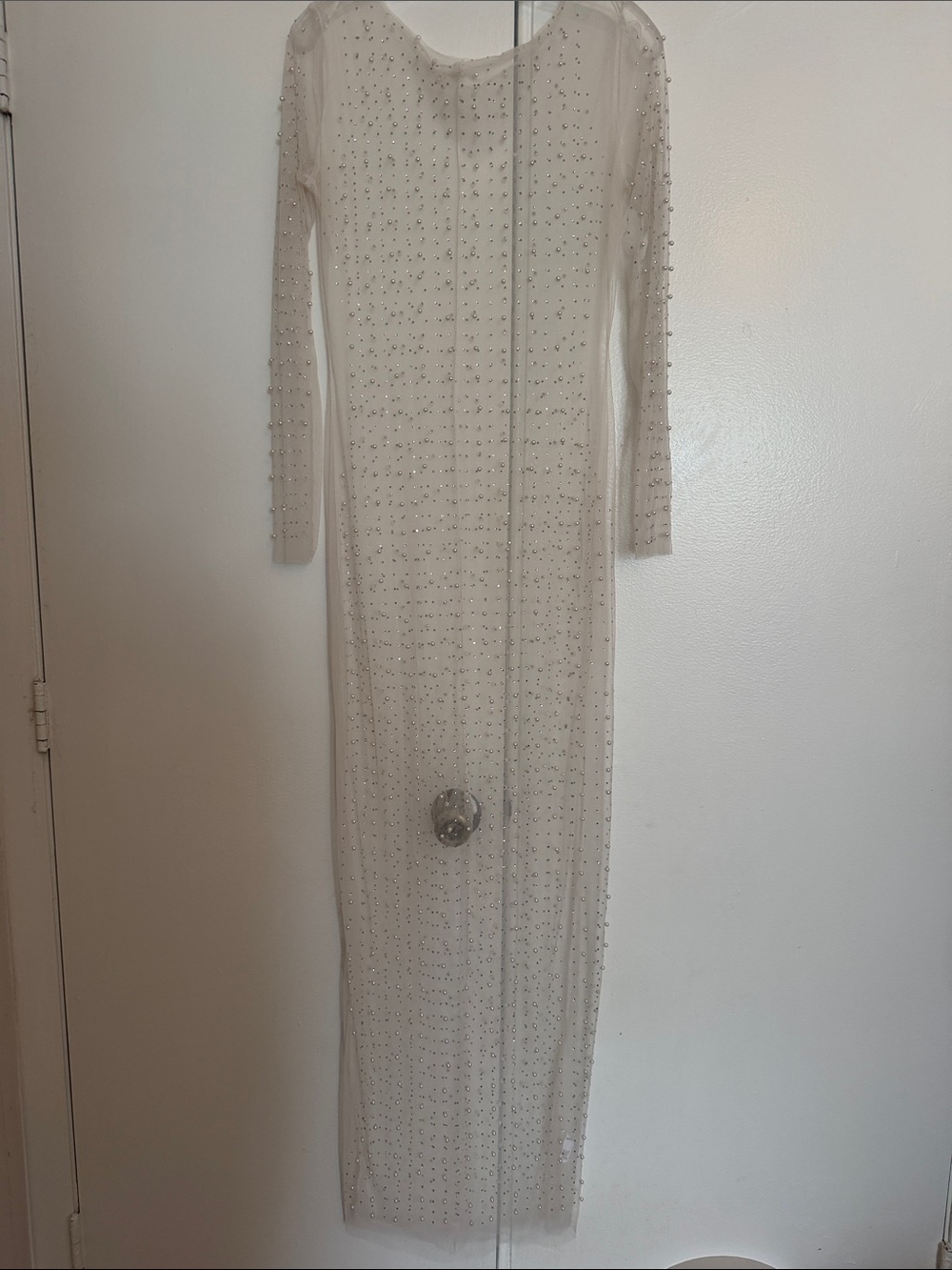 Elegant Long Sleeve Cream Maxi Dress with Beaded Detail